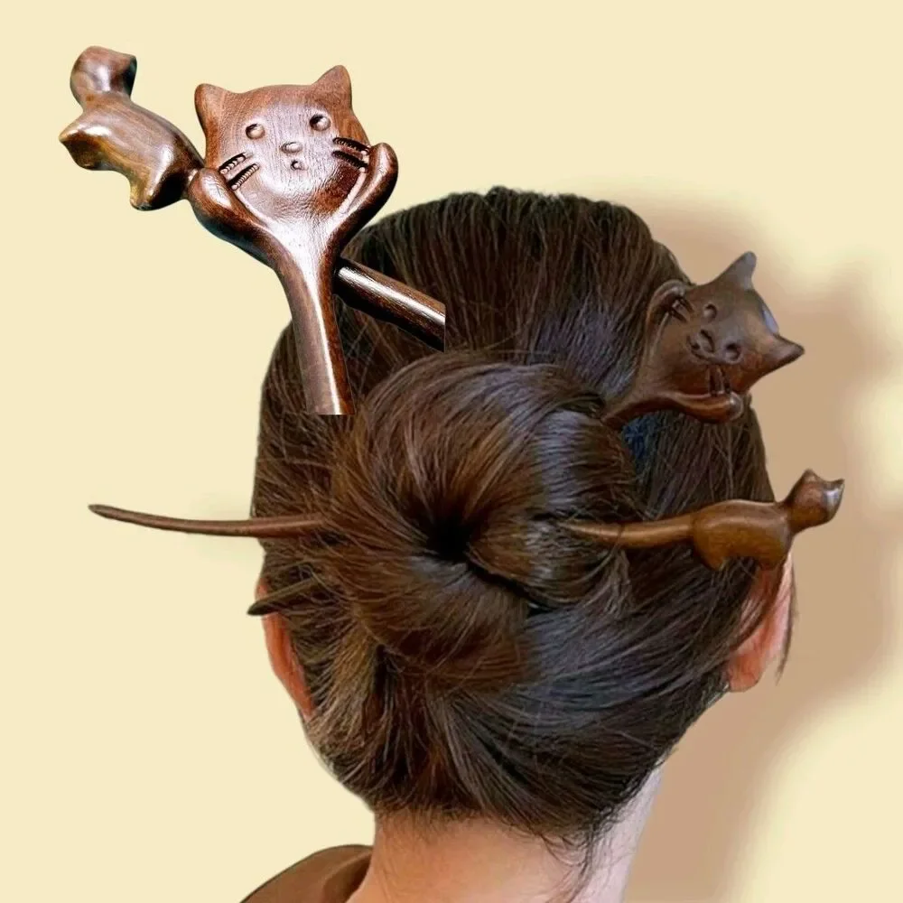 Wood Cat Face & Body Stick Chinese Style Women Hairpin Headwear Hair Fork Set 2